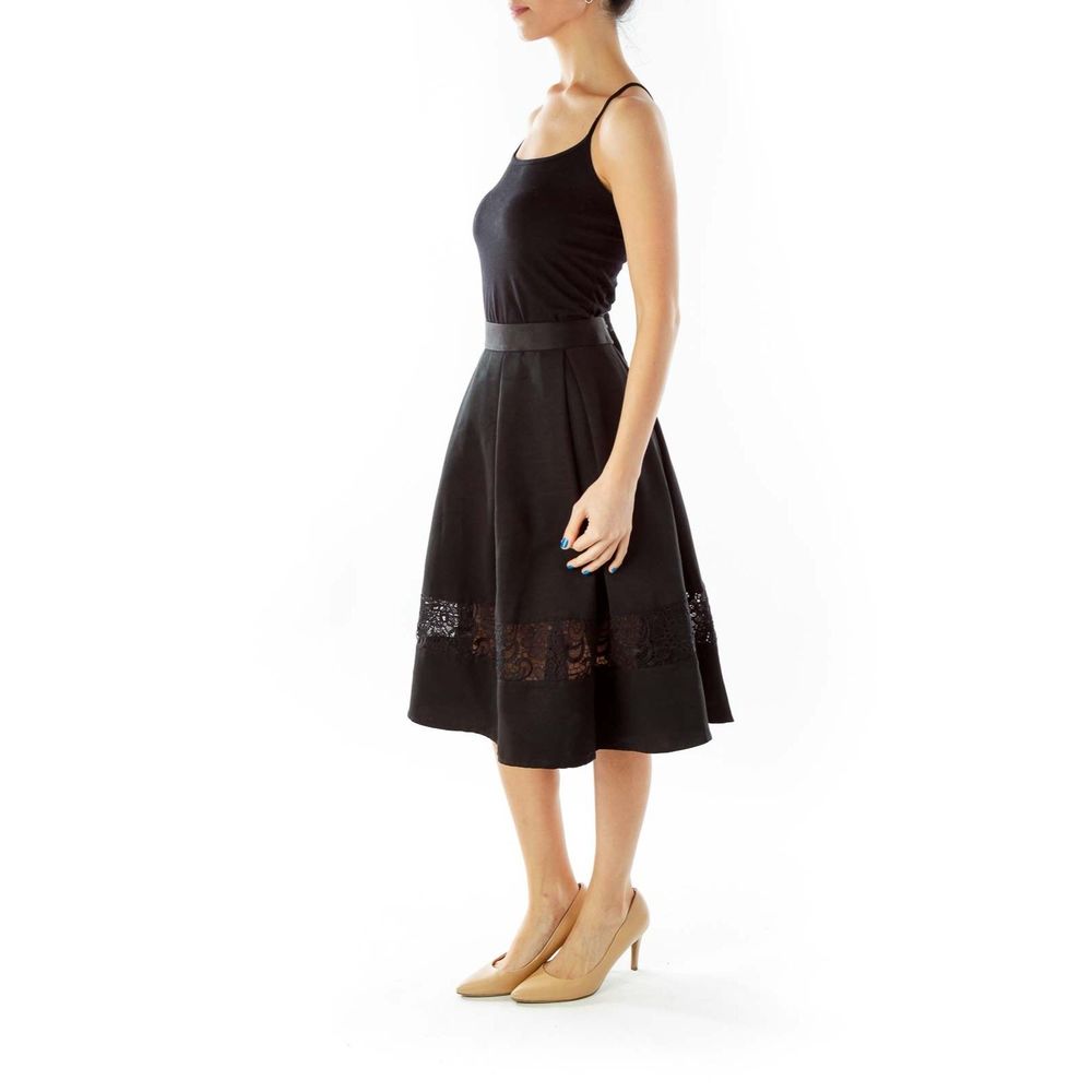 Black A-Line Lace-Trim Midi Skirt - Women